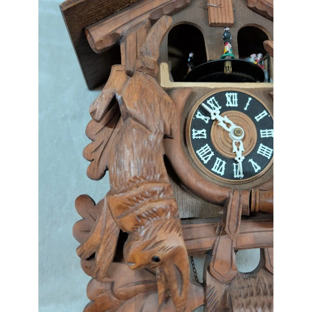 Vintage Cuendet Swiss Musical Cuckoo Clock Hand Carved Wood Stag Hunter Scene